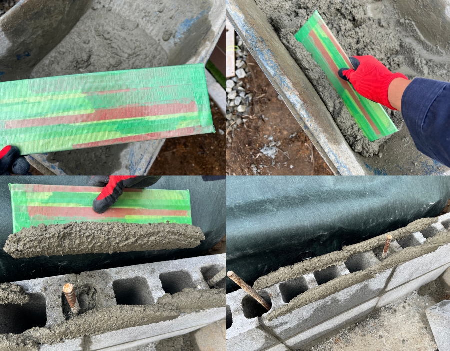 左官鏝の代わりに養生テープを巻いた5mmの板でモルタルを扱う様子