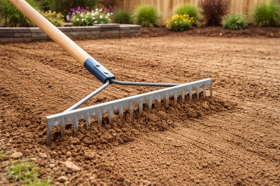 アメリカンレーキで庭の土を均す様子