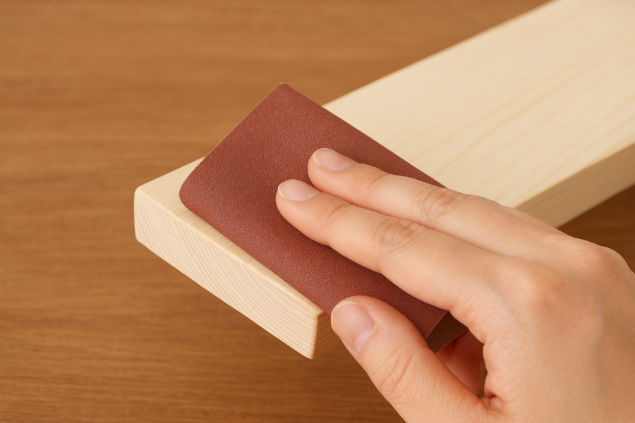 紙やすりで木材の角を丸くする様子