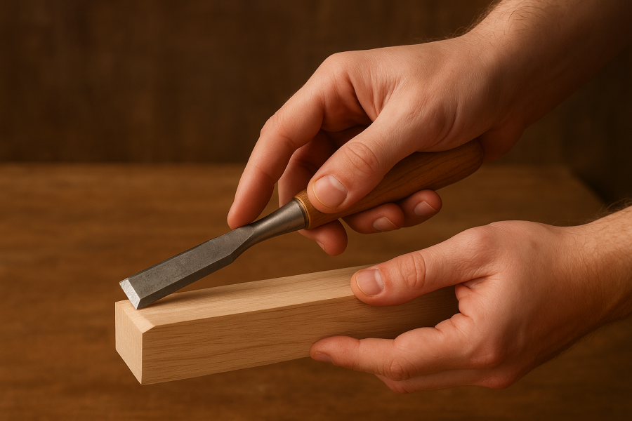 ノミで木材の面取りを行う様子