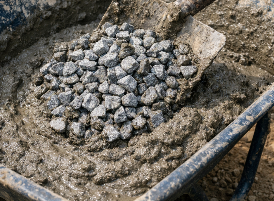 砂利を加えて生コンを作る様子