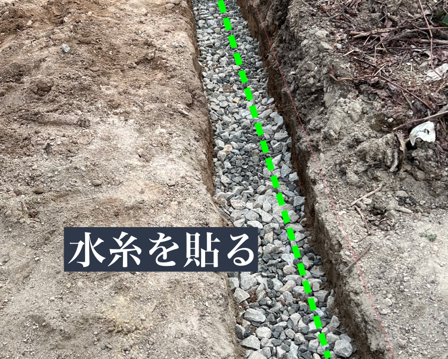 レンガ真っ直ぐ並べるために水糸を張った画像