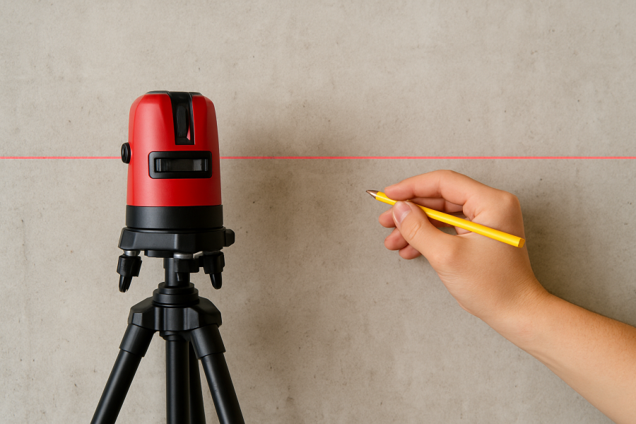 レーザー墨出し器で水平を出している様子