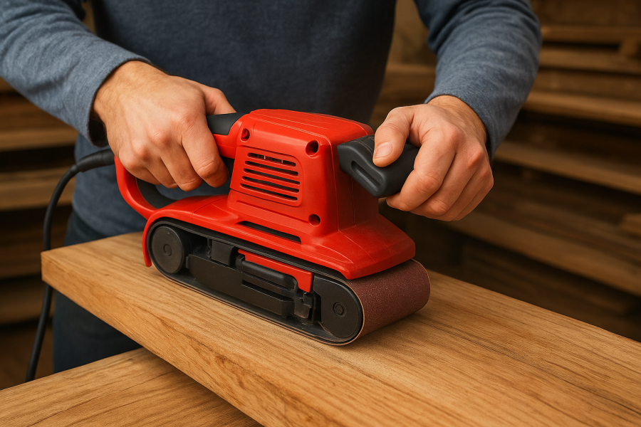 ベルトサンダーで木材を削る様子の画像