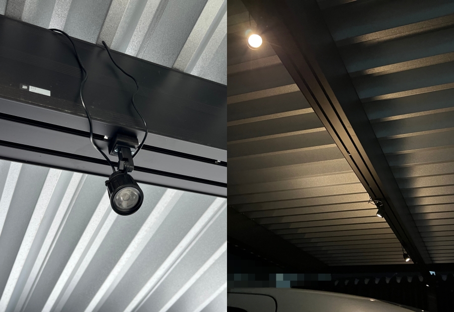 穴あけせずにカーポートへ取り付けたソーラーライトの点灯前後の様子