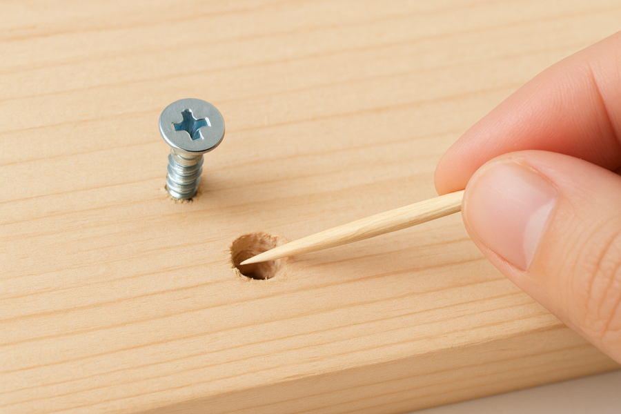 緩んだネジ穴に爪楊枝を入れる様子の画像