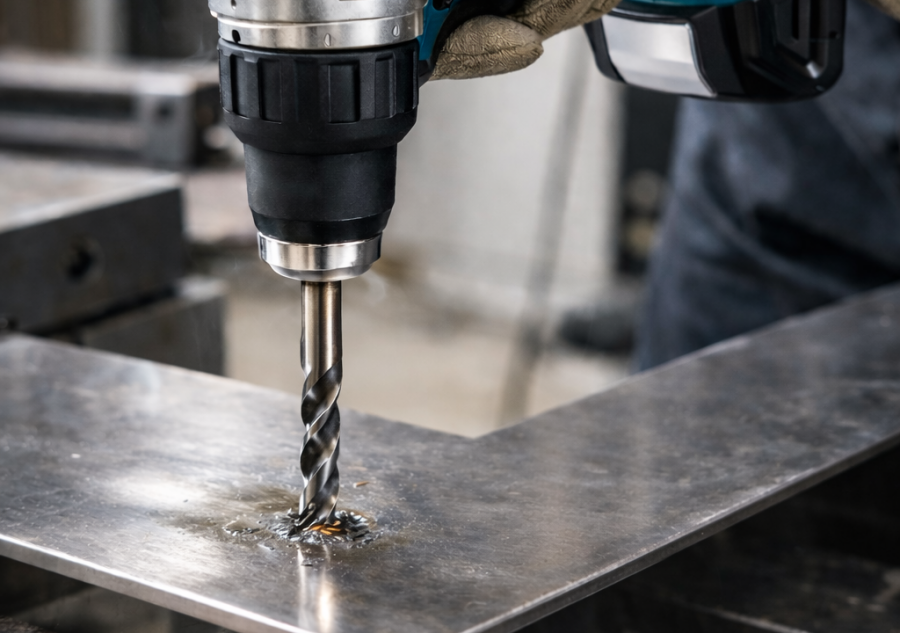 ドリルドライバでステンレスに穴あけする様子