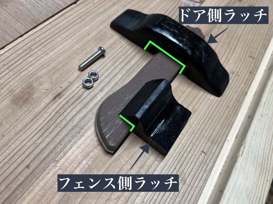 フェンスドアのラッチの構造や溝の深さを示した画像