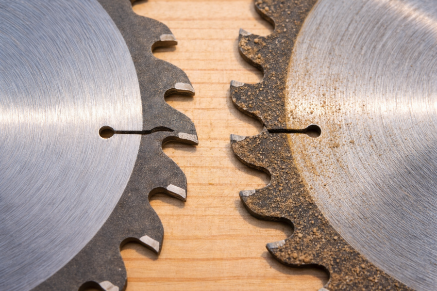 丸ノコの新しい刃と使い古した刃の比較画像