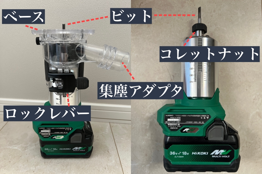 電動トリマーに共通するパーツの名称を記載した画像
