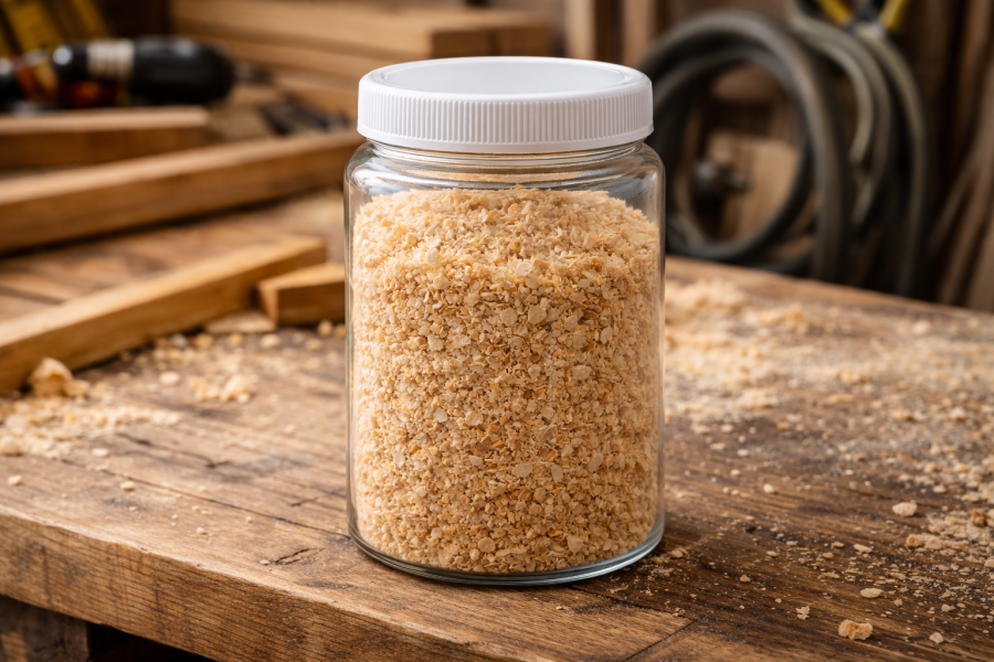 おがくずを密閉容器に保管した画像