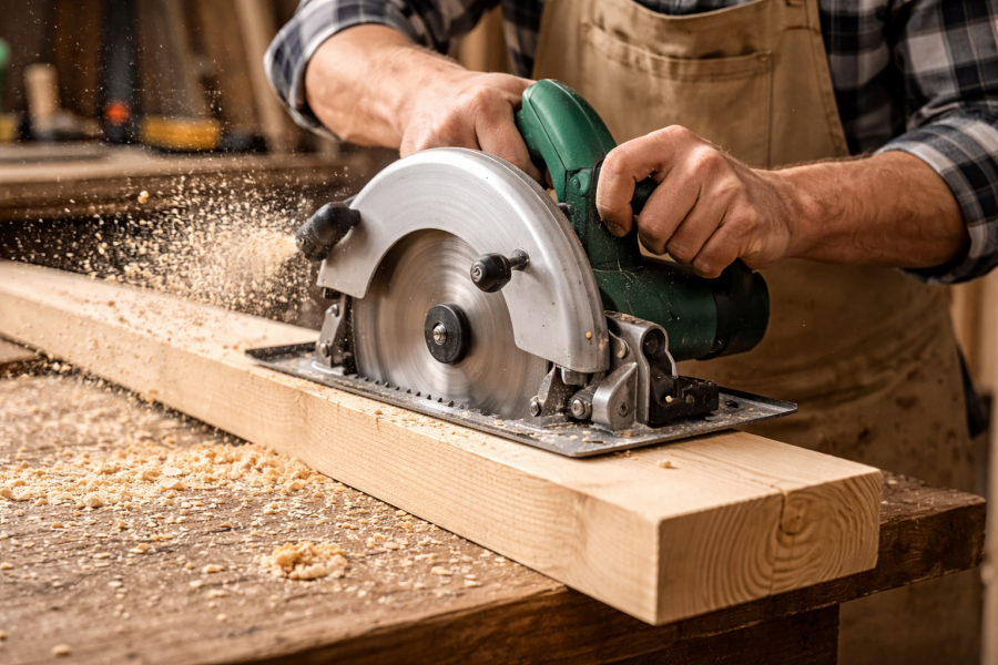 丸ノコから木屑が飛び散る様子の画像