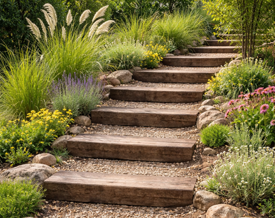 庭の法面に枕木で作った階段の画像