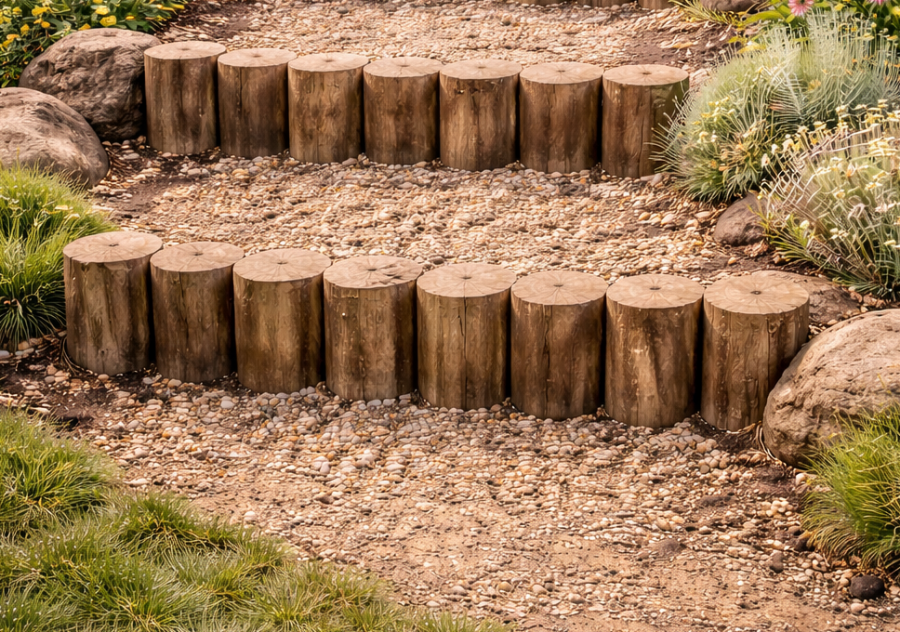 庭の法面に丸太を打ち込んで作った階段の画像