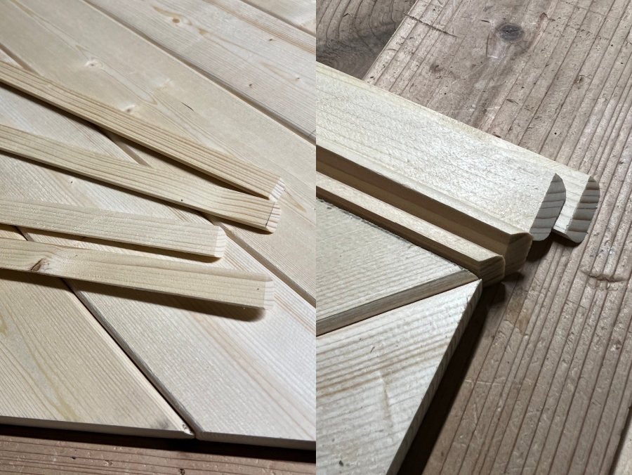 木材を斜めにカットして作ったフレームの材料