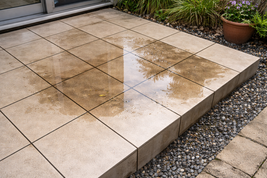 勾配がなく、水が溜まってしまったタイルデッキの画像