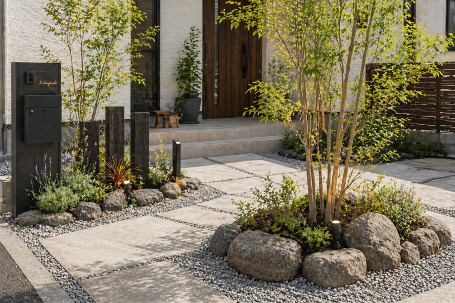 庭木の周りに石を置いた玄関前の画像