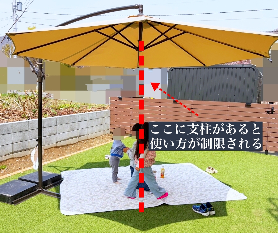 吊り下げタイプのガーデンパラソルの方が広く使えること示した画像